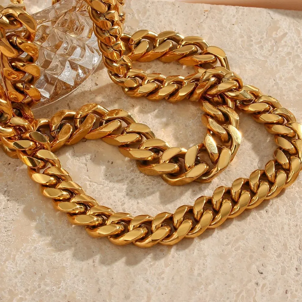 Trendy Stainless Steel 18K Gold-Plated Chunky Cuban Chain Necklaces for Women - Hip-Hop Inspired