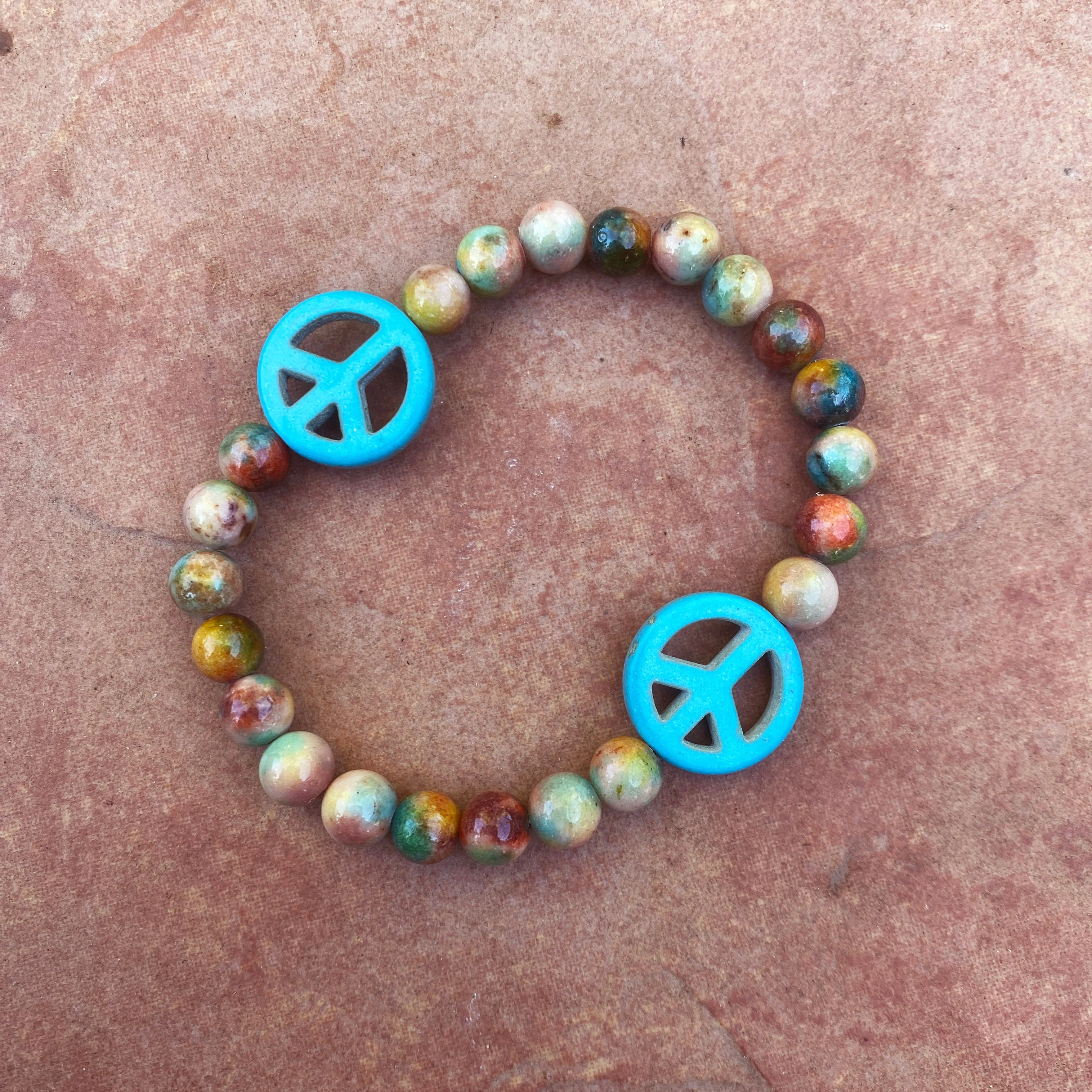 Turquoise Howlite Peace and Rainbow Jade Stretch Bracelet Men’s Sizes