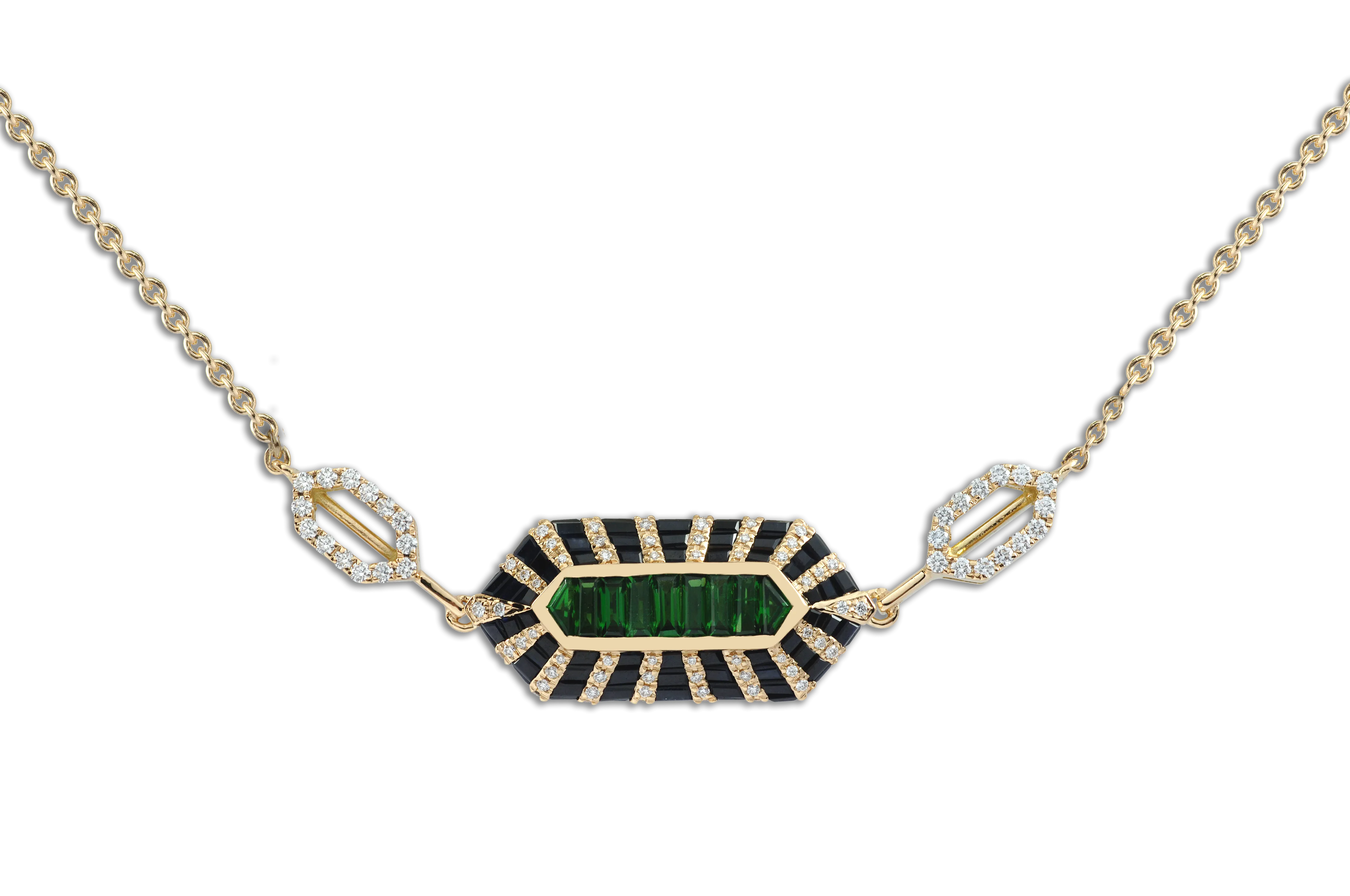 Twist Double Bullet Tsavorite Garnet, Black Sapphire Diamond Necklace