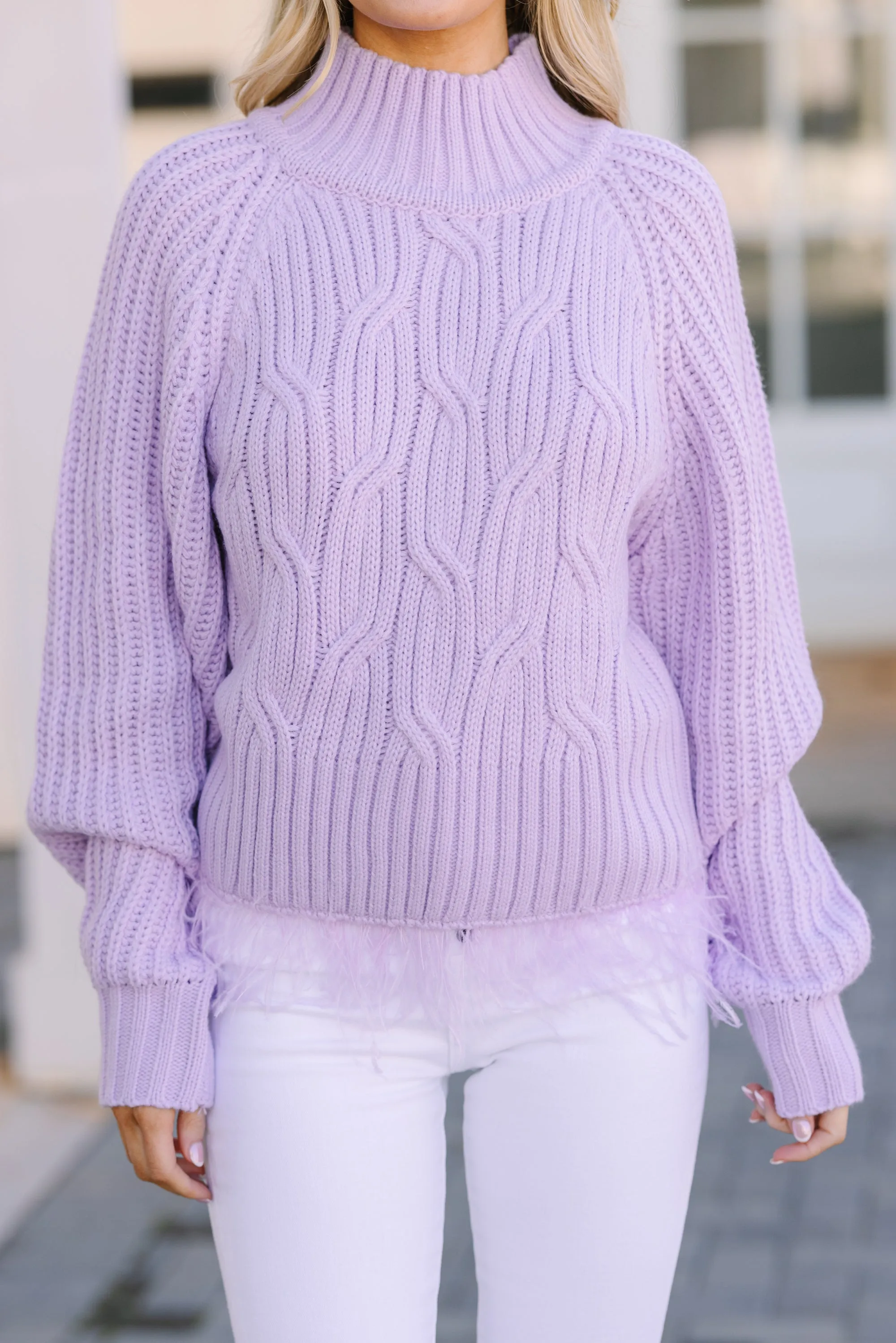 What's Going On Lavendar Purple Feather Trim Sweater