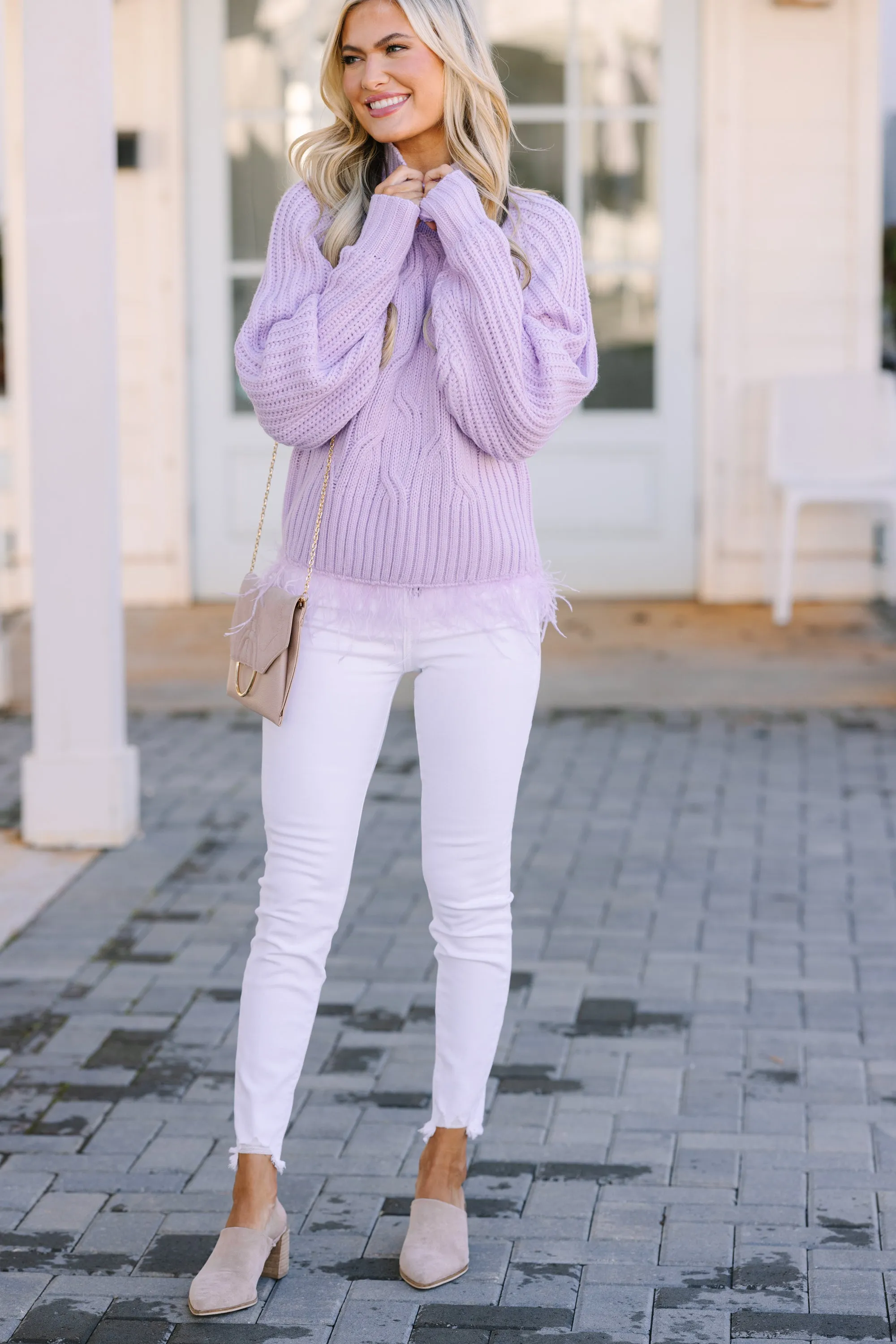 What's Going On Lavendar Purple Feather Trim Sweater