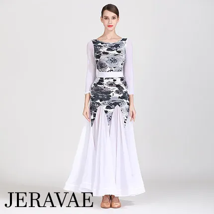 White Ballroom Dress with Grey Floral Bodice, Long Flared Sleeves, and Full Single Layer Skirt with Wrapped Horsehair Hem PRA 268