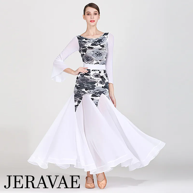 White Ballroom Dress with Grey Floral Bodice, Long Flared Sleeves, and Full Single Layer Skirt with Wrapped Horsehair Hem PRA 268