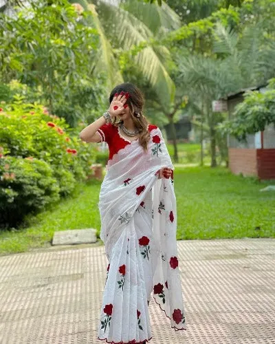 White Soft Chanderi Saree Red Rose Print & Stitched Readymade Blouse